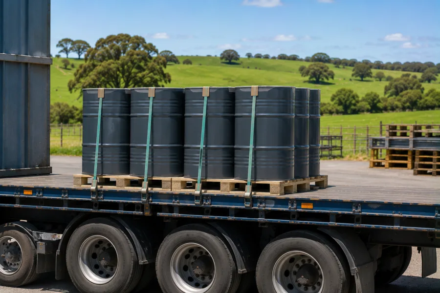Sealed drums banded on a trailer with green country behind