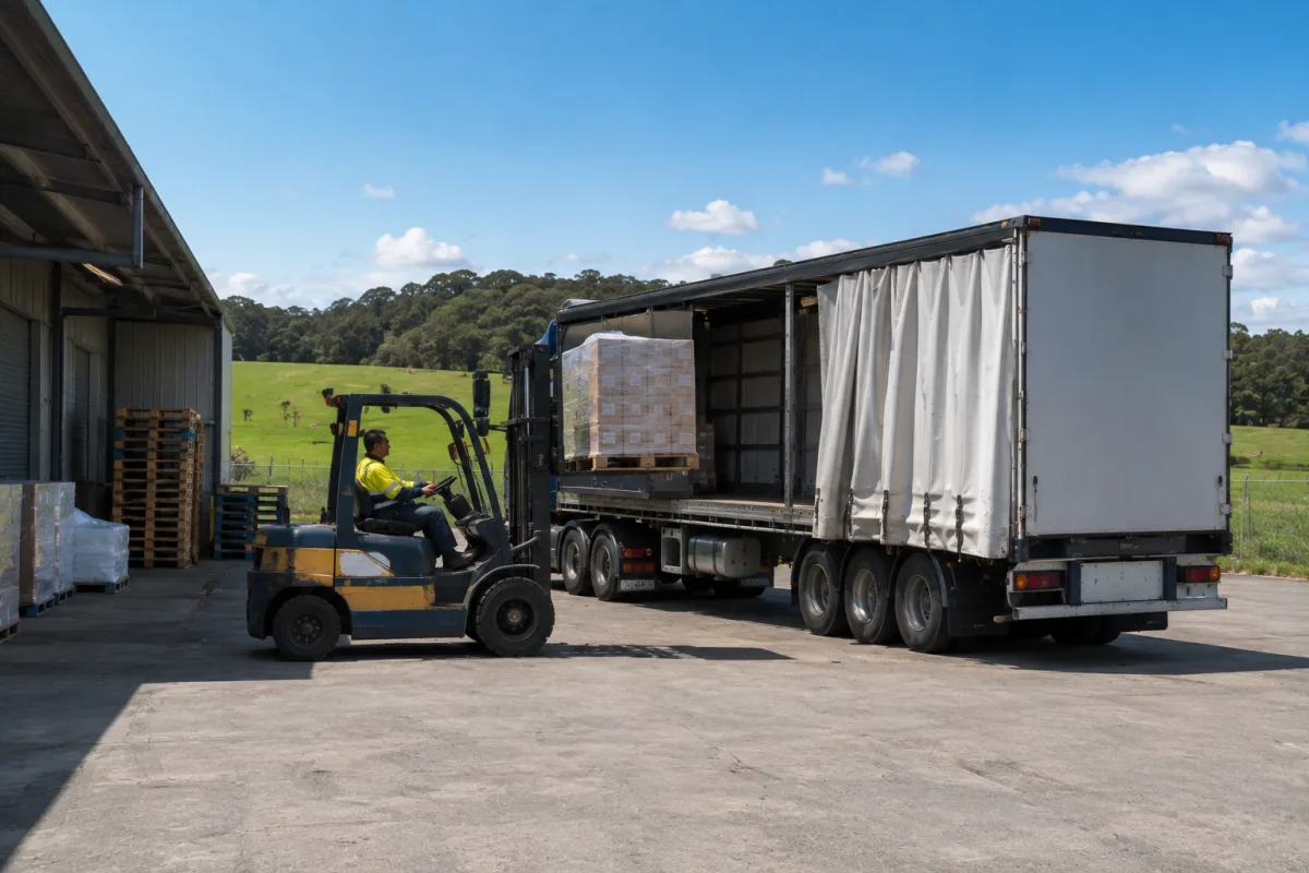 Forklift loading a pallet into a trailer at a regional freight depot