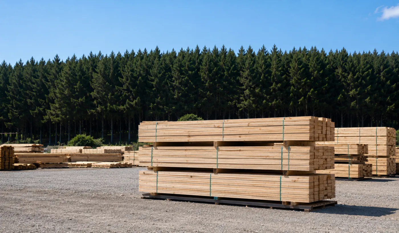 Banded sawn timber stacked at a south-east mill against pine plantation