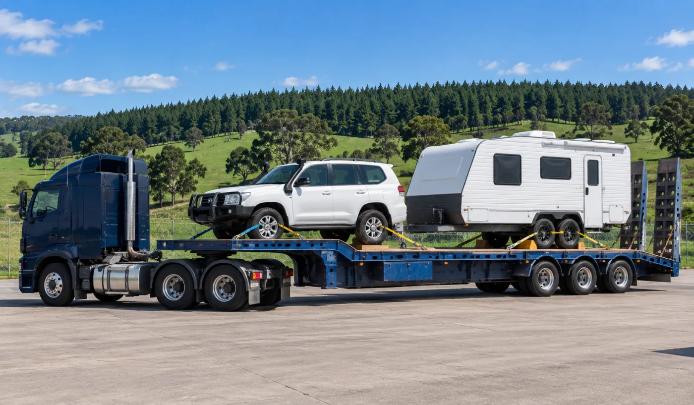 Car and caravan loaded on a trailer for the run to the Limestone Coast