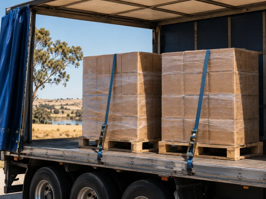 Wrapped pallets on a trailer with river-flat country behind
