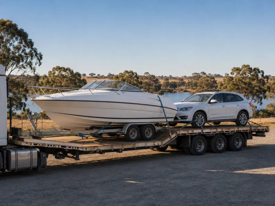 Boat and car loaded on a trailer for the run to the river