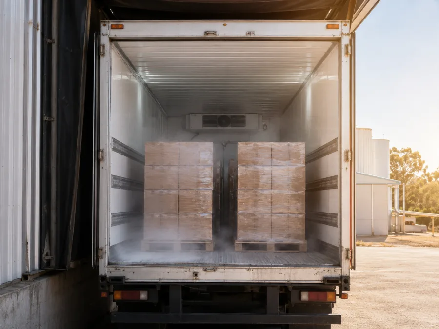 Open refrigerated trailer loaded with product at a Murray Bridge processor