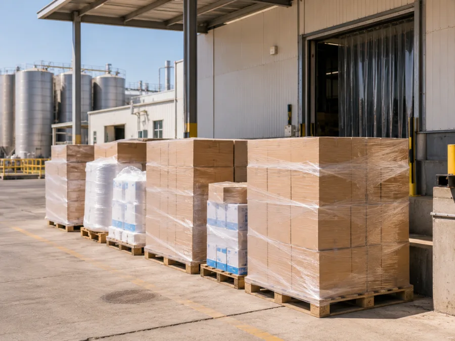 Packaging and consumables staged at a food plant receiving dock