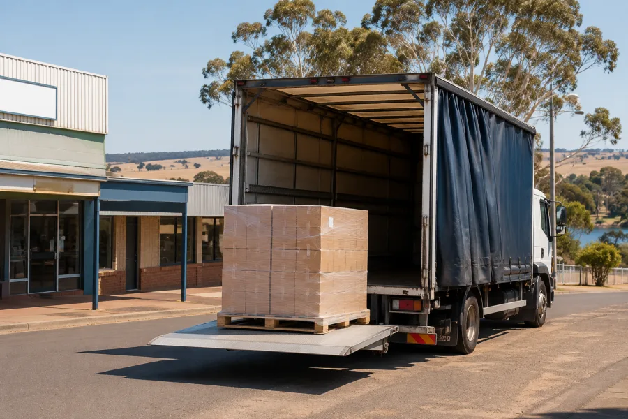Pallet unloaded at a business in the river town of Murray Bridge