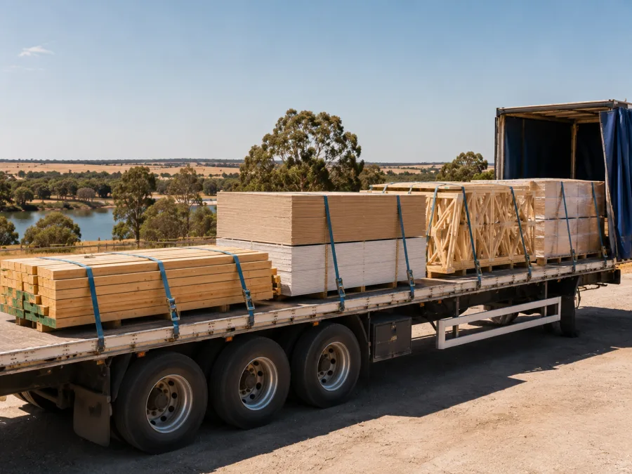 Timber and sheet materials on a trailer at a Murraylands site