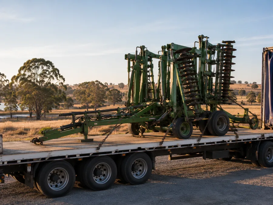 Folded farm implement chained on a trailer in Murraylands farm country
