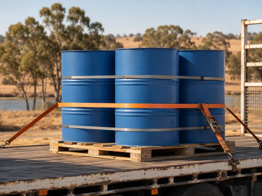 Sealed drums banded on a trailer with river-flat country behind