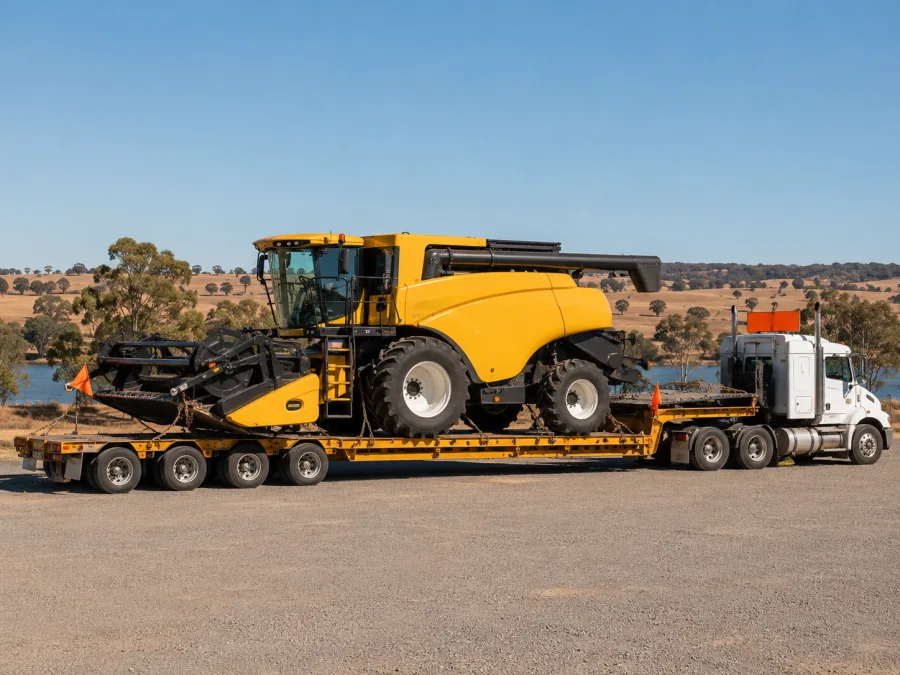 Oversize machine on a low-loader parked in Murraylands river country