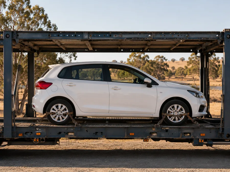 Car strapped on a carrier deck with river-flat country behind