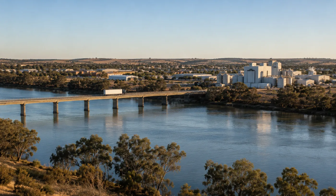 The Murray River, road bridge and edge of Murray Bridge together