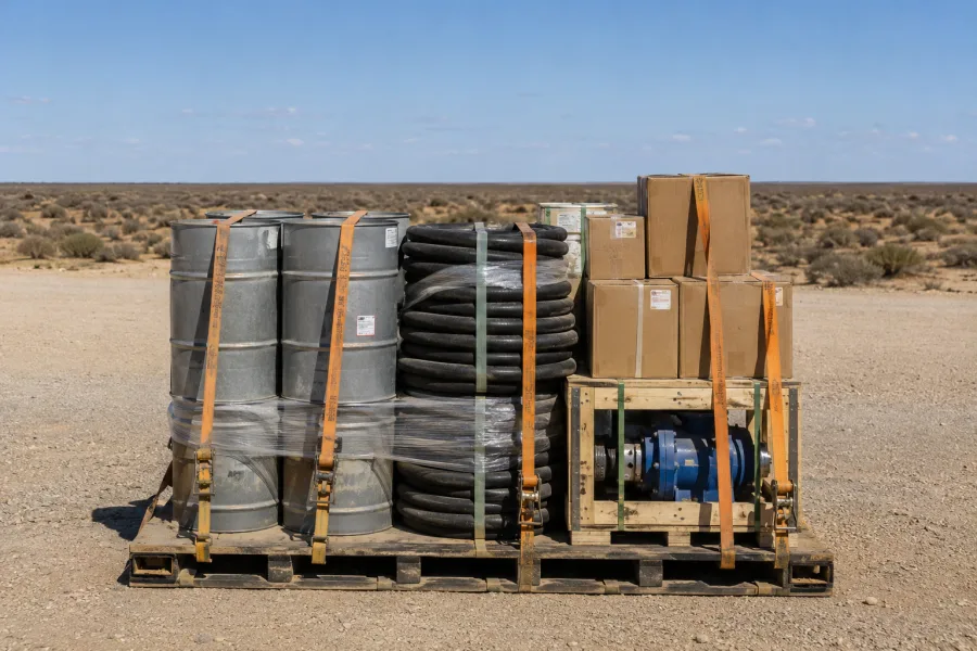 Drums, hose and a crated pump palletised for a WA resources site