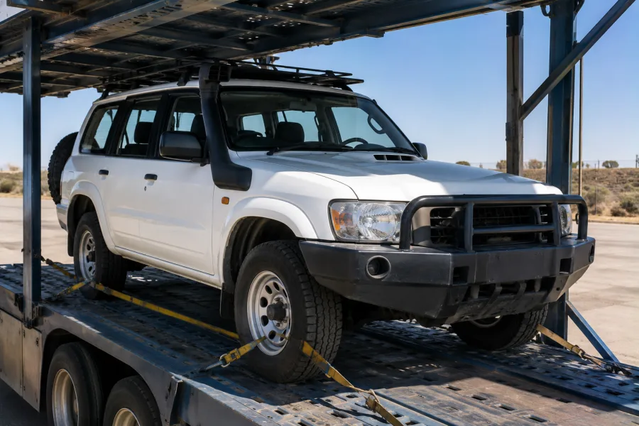Touring 4WD with roof rack and snorkel strapped on a carrier deck