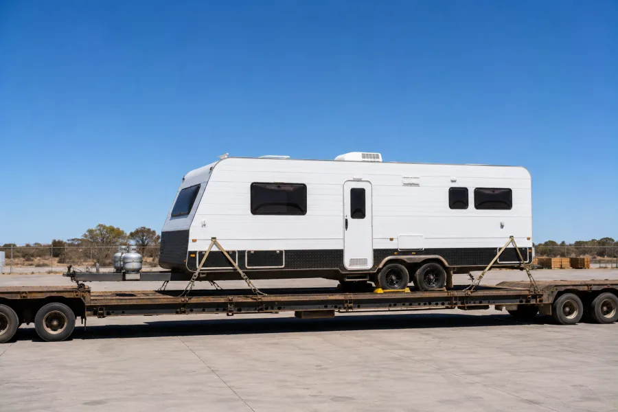 Touring caravan on a drop-deck ready for the crossing to WA