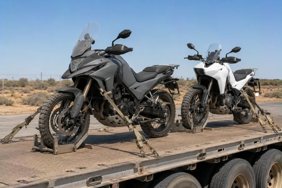 Two adventure motorcycles chocked and strapped on a trailer deck