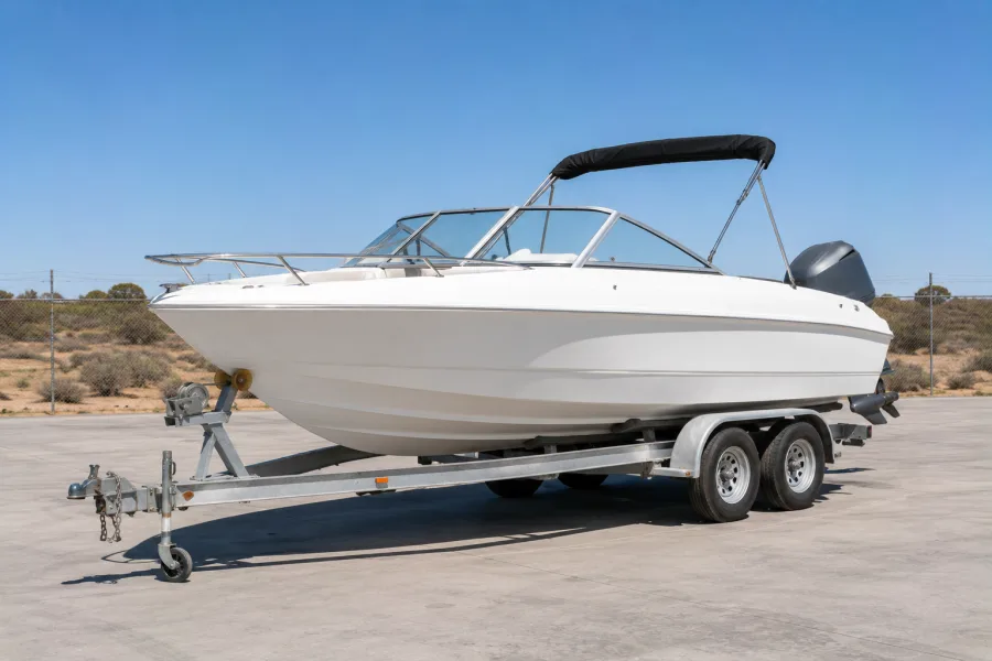Runabout decked and secured for the crossing to the WA coast