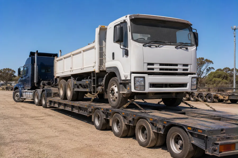 Rigid truck chained on a low-loader for relocation to WA