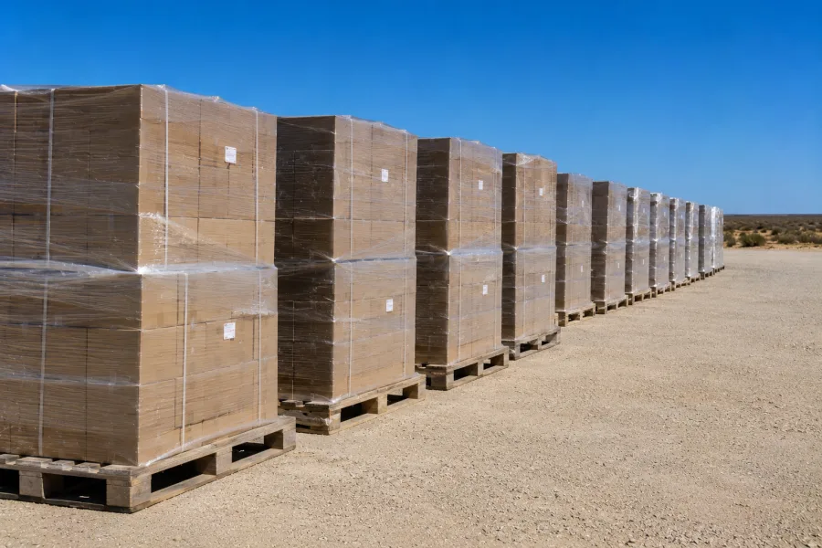 Rows of wrapped pallets staged for road train linehaul