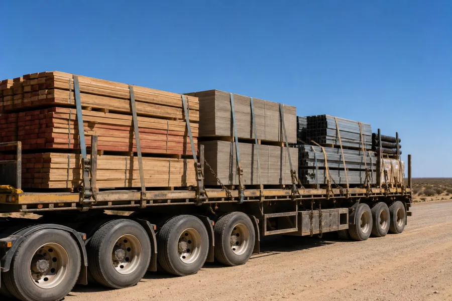 Timber and sheet materials strapped on a trailer bound for Perth
