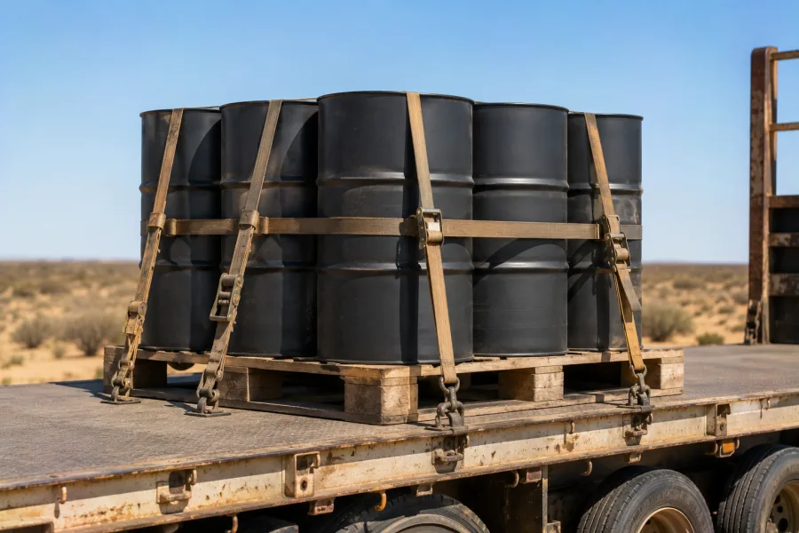 Sealed drums banded and strapped on a trailer for the crossing