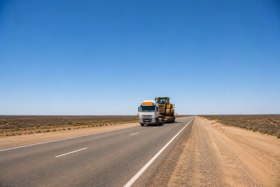 Oversize machine on a trailer on the empty Eyre Highway