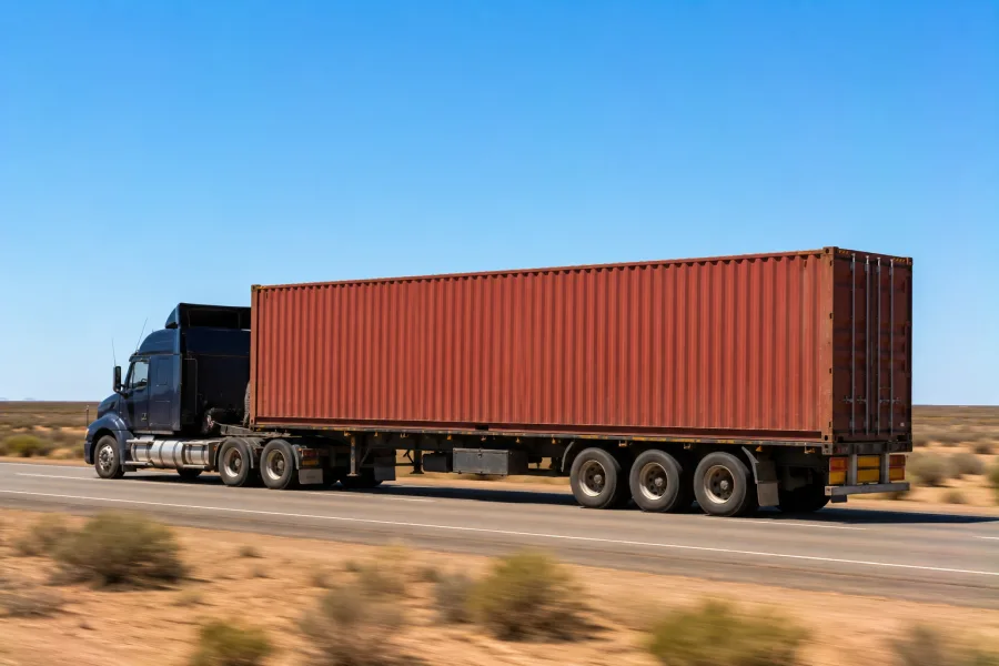Shipping container travelling by road train across the treeless plain