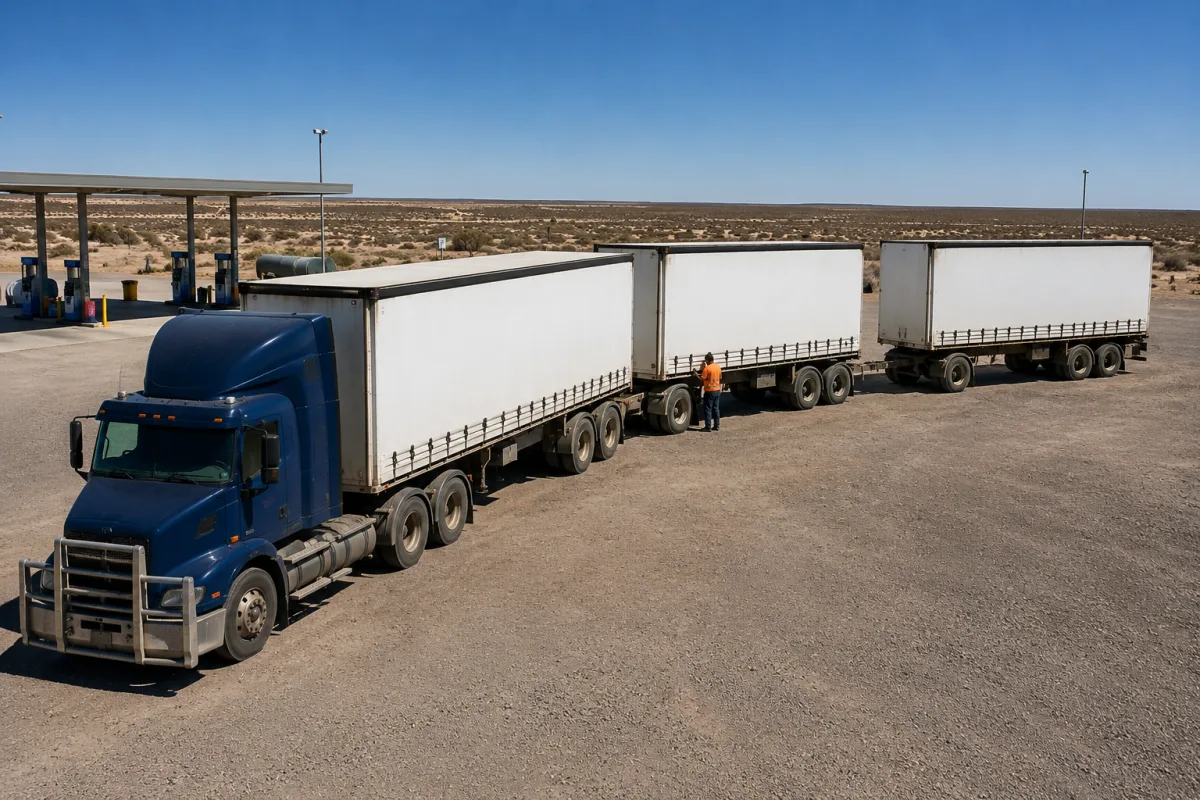 Road train trailers being coupled at a Nullarbor staging point