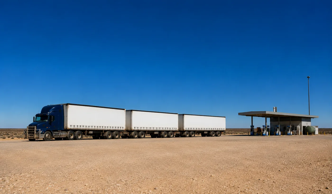 Loaded road train at a remote Nullarbor roadhouse