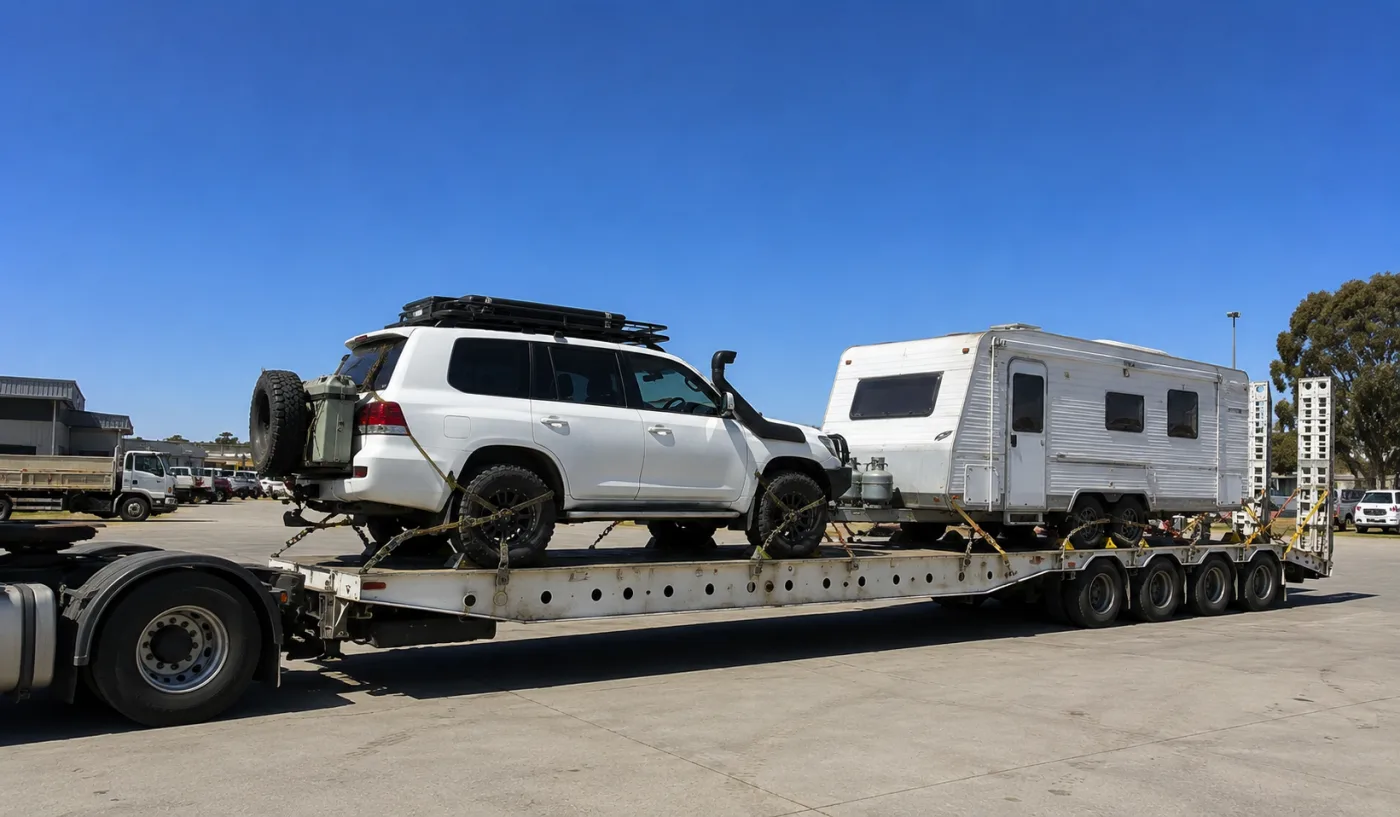 Touring 4WD and caravan loaded for the Nullarbor crossing to Perth