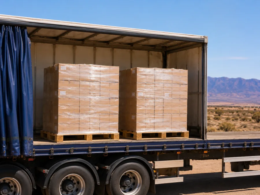 Wrapped pallets on a trailer with the semi-arid plain behind