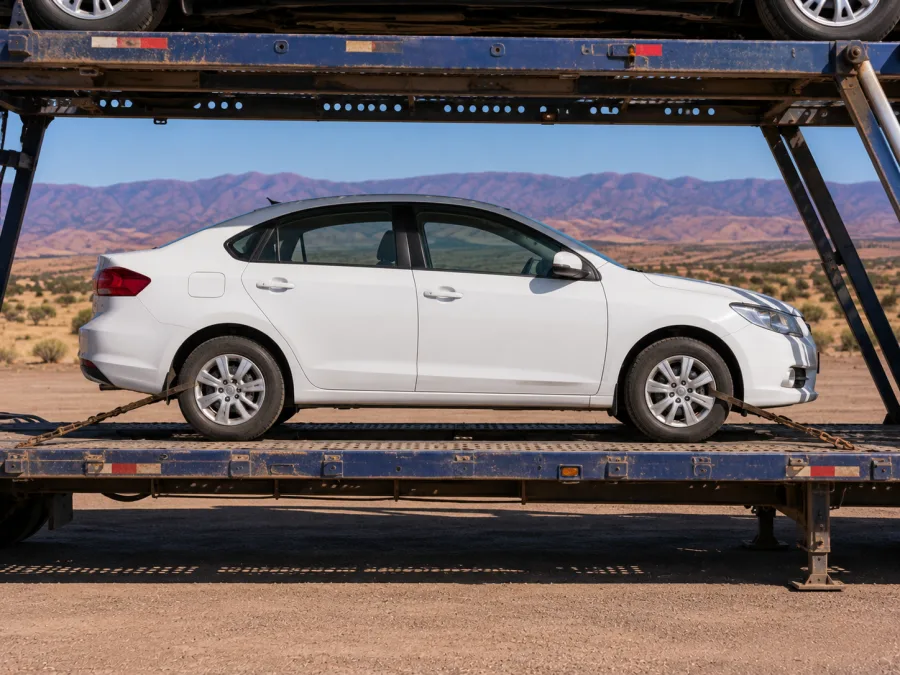 Car strapped on a carrier deck with the Flinders Ranges behind