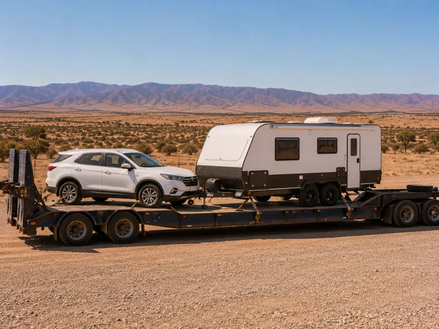 Car and caravan loaded on a trailer with the ranges behind