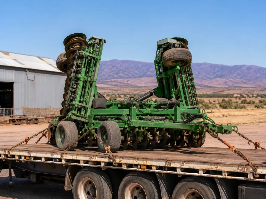 Folded farm implement chained on a trailer in semi-arid pastoral country