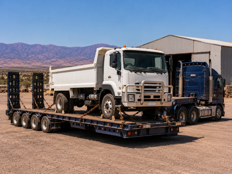 Tipper truck chained on a low-loader for relocation near Port Augusta