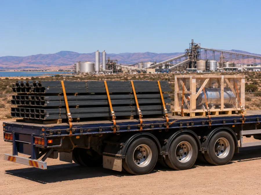 Banded steel and a crated component loaded for the Gulf industry