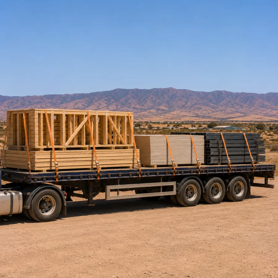 Timber and steel materials on a trailer at a regional site