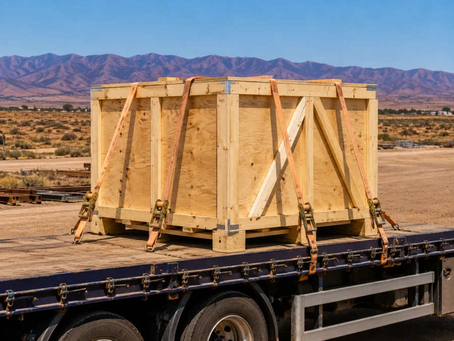 Timber-crated machine strapped to a trailer with the Flinders Ranges behind