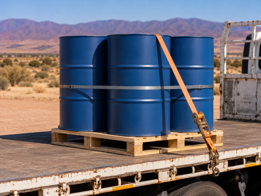 Sealed drums banded on a trailer with semi-arid country behind