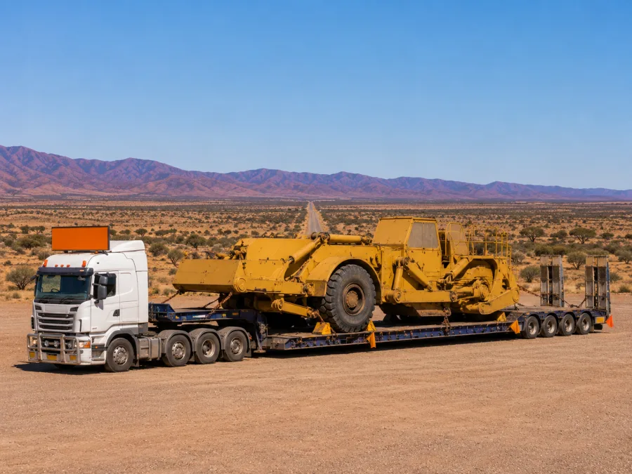 Oversize project machine on a low-loader staged at Port Augusta