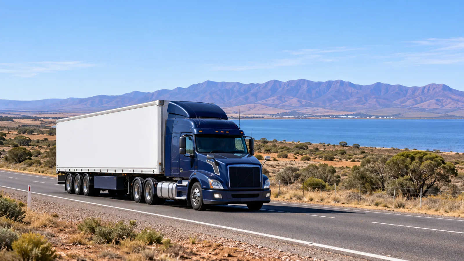 Semi-trailer approaching Port Augusta with Spencer Gulf and the Flinders Ranges