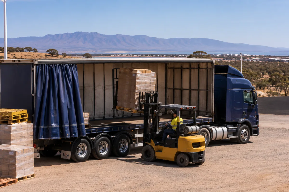 Forklift loading a trailer at a depot near the head of the gulf