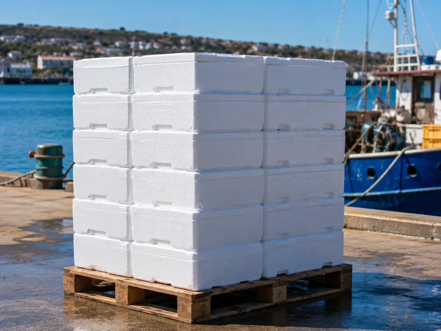 Insulated seafood boxes stacked on the wharf at Port Lincoln