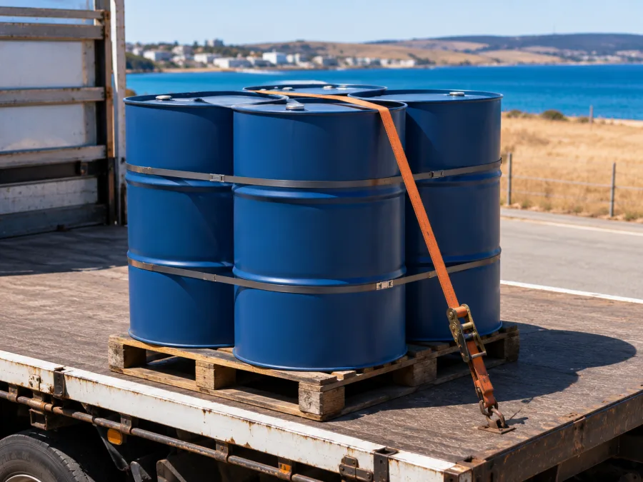 Sealed drums banded on a trailer with the coast behind at Port Lincoln