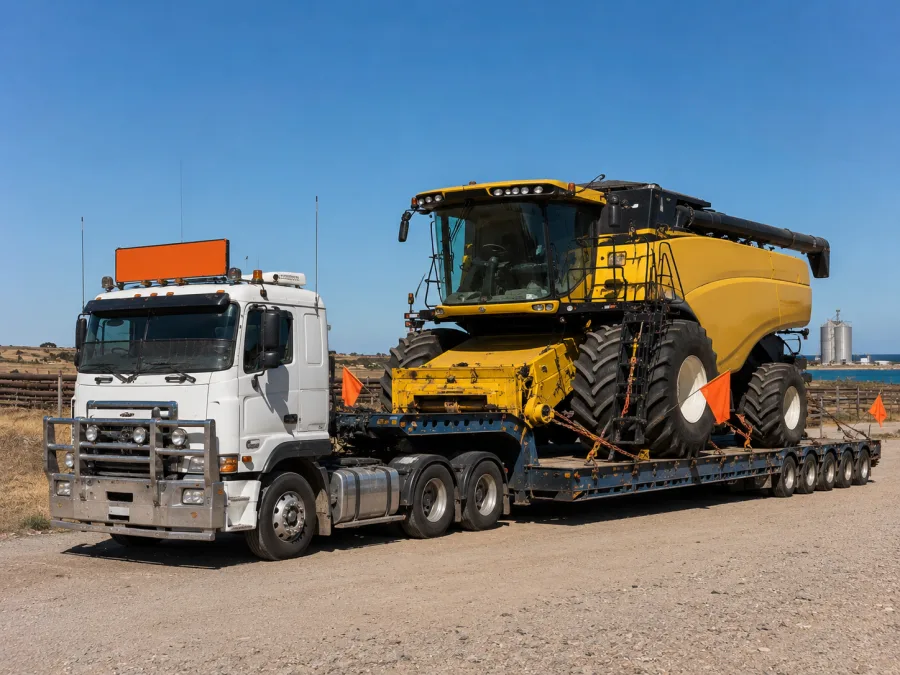 Oversize farm machine on a low-loader in Eyre Peninsula grain country