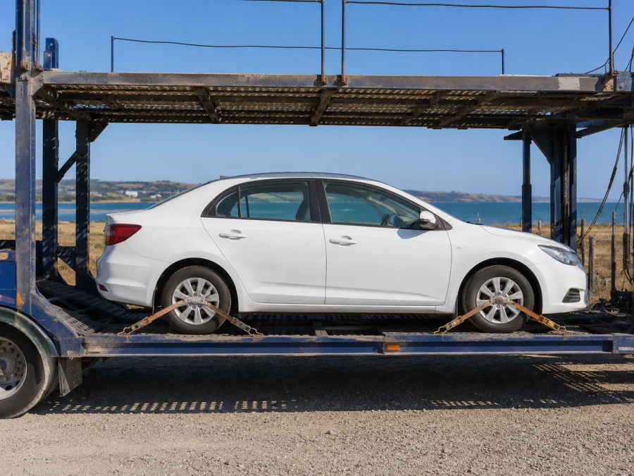 Car strapped on a carrier deck with the Port Lincoln coast behind