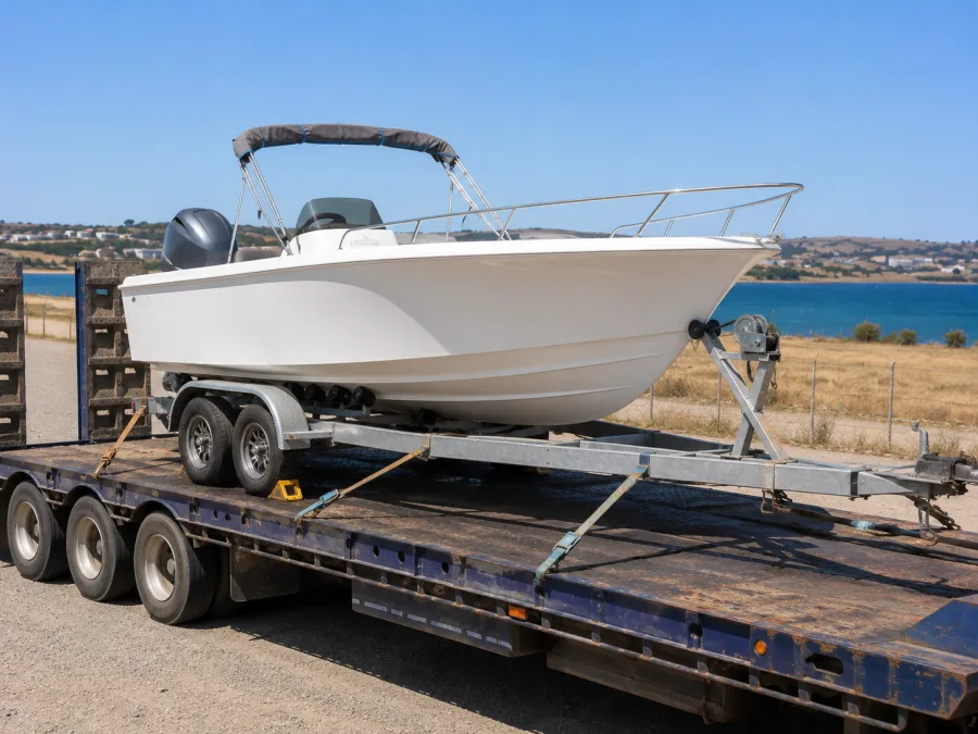 Runabout on a trailer loaded for the run to the Port Lincoln coast