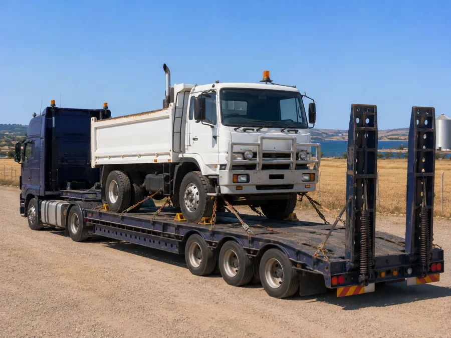 Tipper truck chained on a low-loader for relocation to the Eyre Peninsula