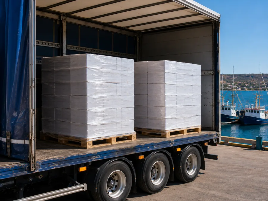 Wrapped pallets on a trailer with the Port Lincoln harbour behind