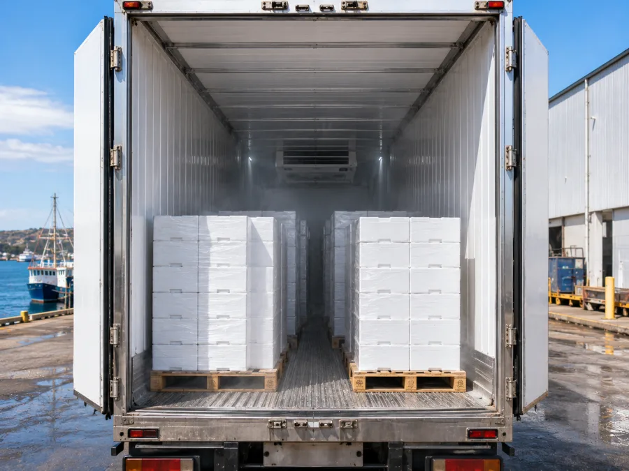 Open refrigerated trailer loaded with chilled cartons at Port Lincoln
