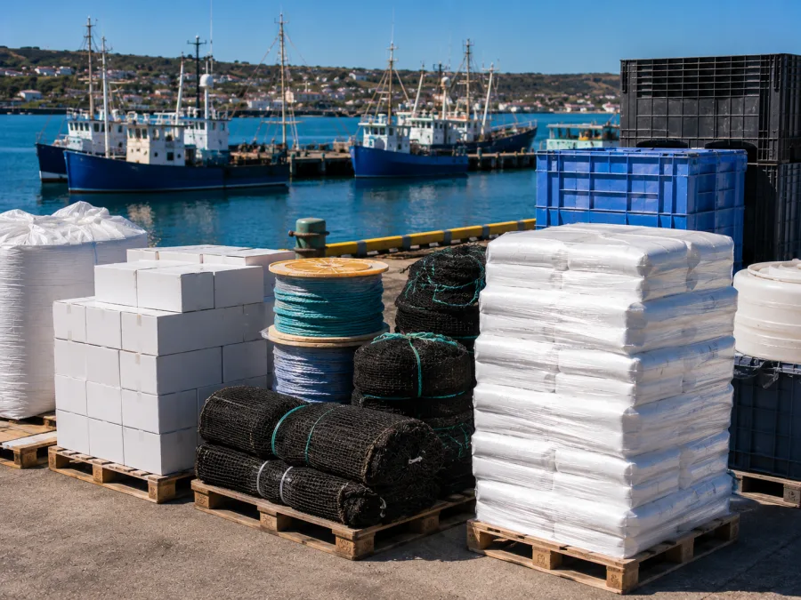 Packaging and aquaculture supplies staged at the Port Lincoln waterfront